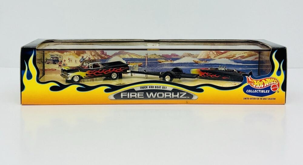 Hot Wheels Fire Workz '59 El Camino Crackerbox Racer Truck and Boat Set Sealed